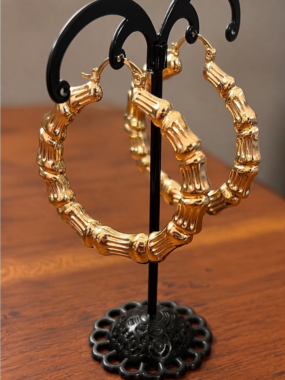 Gold Filled Bamboo Hoop Earrings Hinged Click Closure Retro 1.75" diameter #607 - Picture 2 of 4